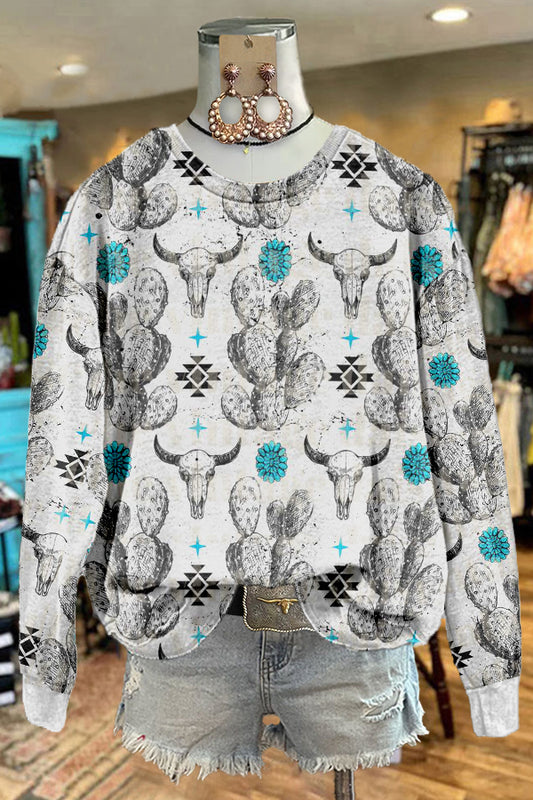 Retro Western Bull Head Print Sweatshirt