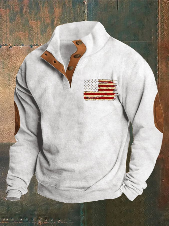 Men's Retro Flag Print Stand Collar Button Sweatshirt