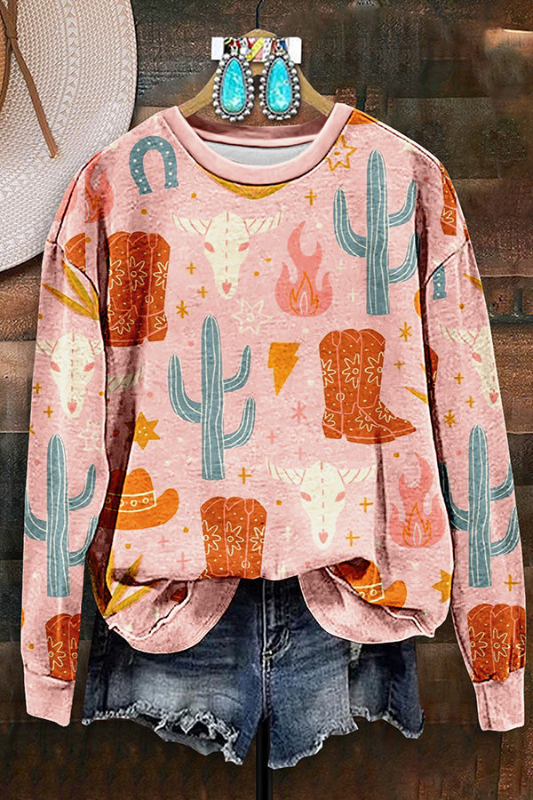 Vintage Western Boots Cactus Print Sweatshirt