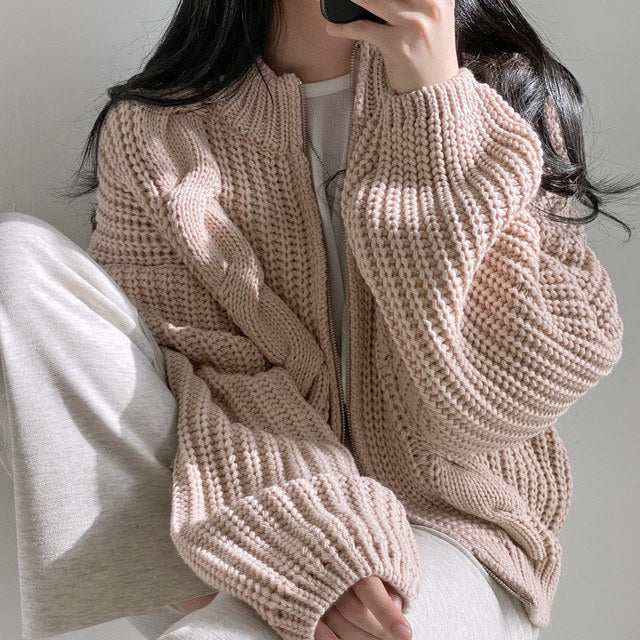 Vintage Chunky Knit Cardigan Zippered Cable Sweater