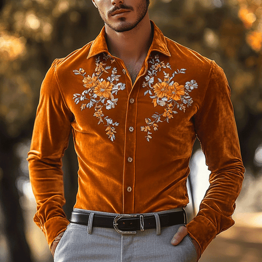 Men's Gentleman Embroidery Regular Fit Crushed Flower Orange Velvet Shirt