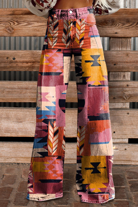 Retro Aztec Print Flared Trousers