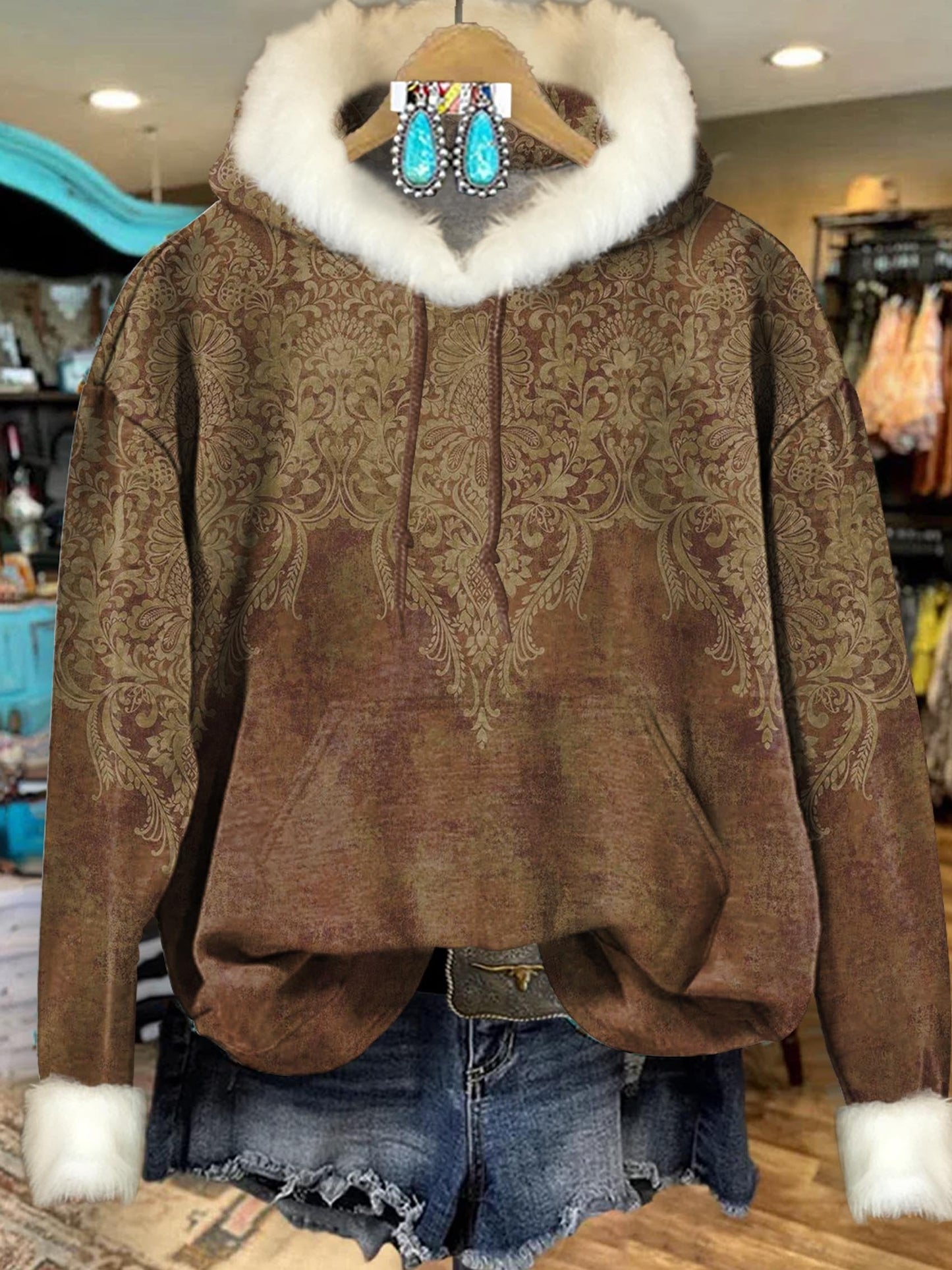 Vintage Brown Ethnic Floral Art Print Imitation Rabbit Fur Trim Casual Hoodie Sweatshirt