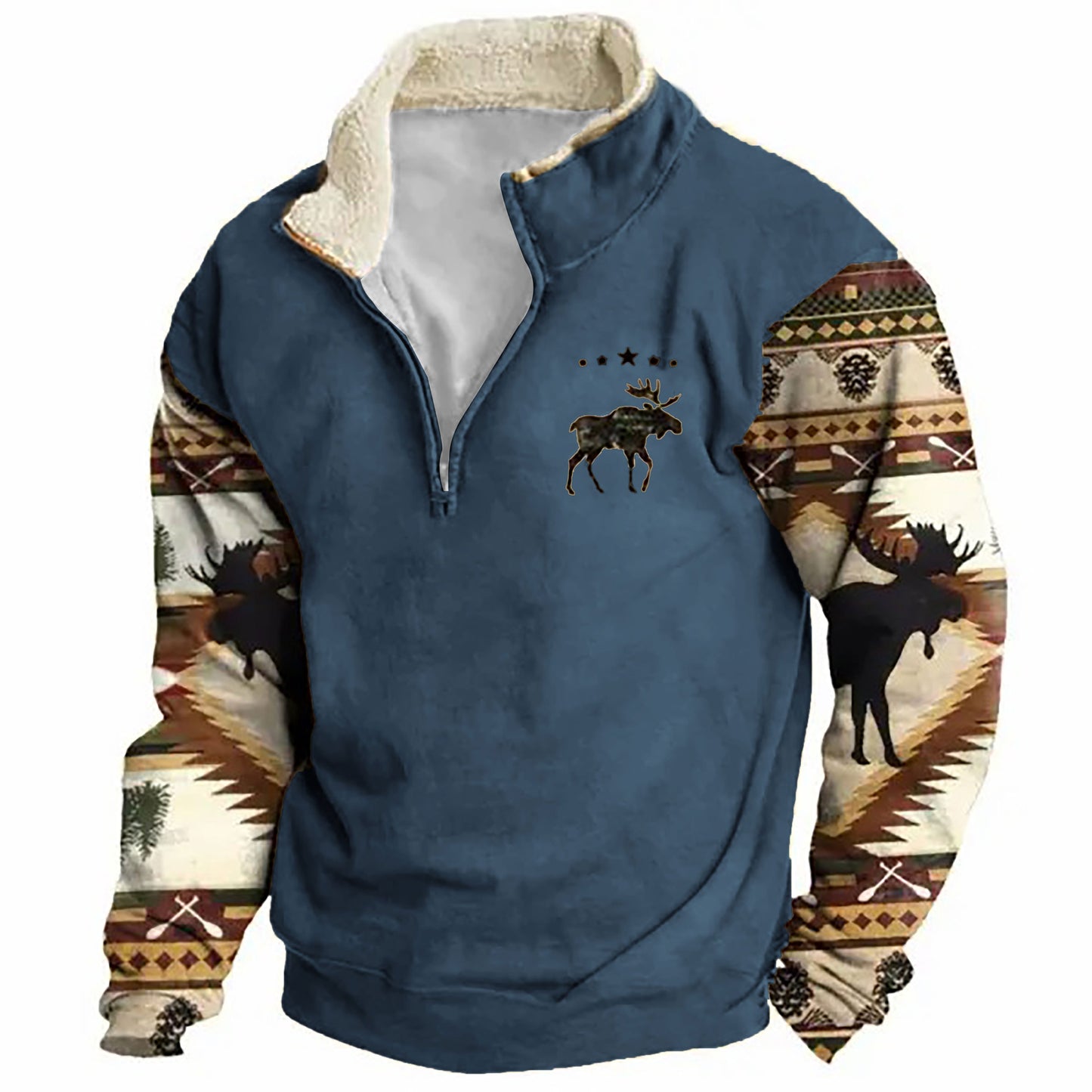 Men's Sweatshirt Retro Moose Creek Ethnic Print Plush Half Open Collar Pullover