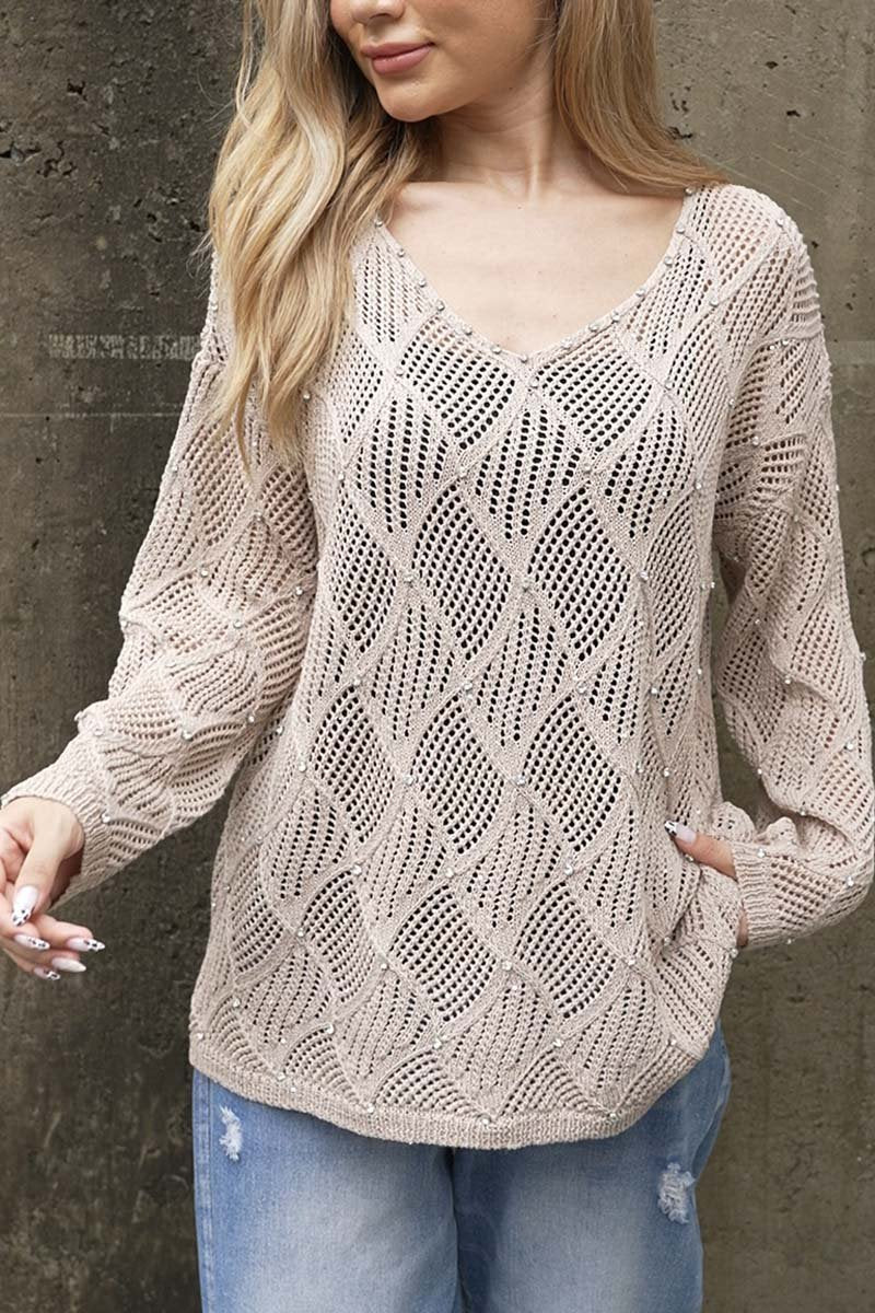 Women's Cutout Diamond V-Neck Long Sleeve Sweater