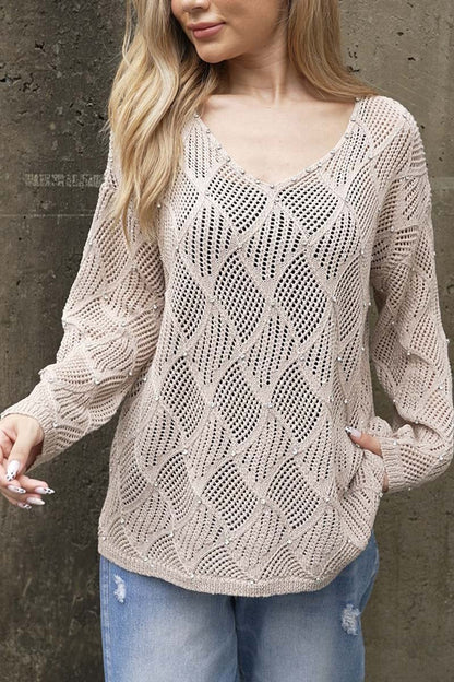 Women's Cutout Diamond V-Neck Long Sleeve Sweater