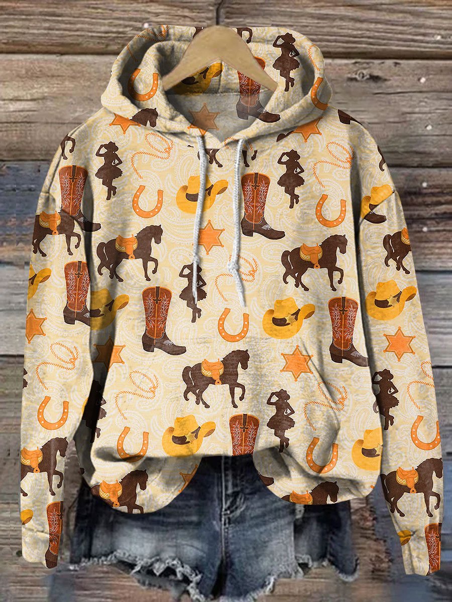 Western Cowboy Horse Art Print Casual Hoodie Sweatshirt