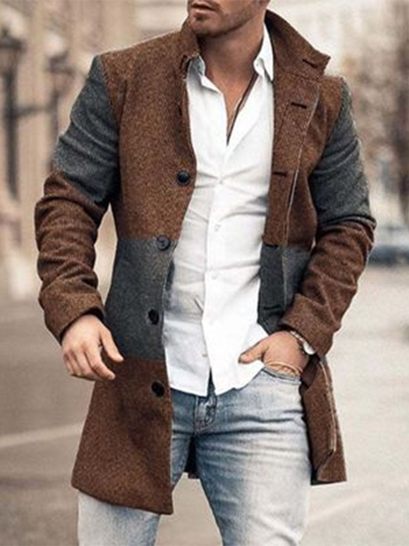 Men's Retro Buttoned Stand Collar Printed Woolen Jacket