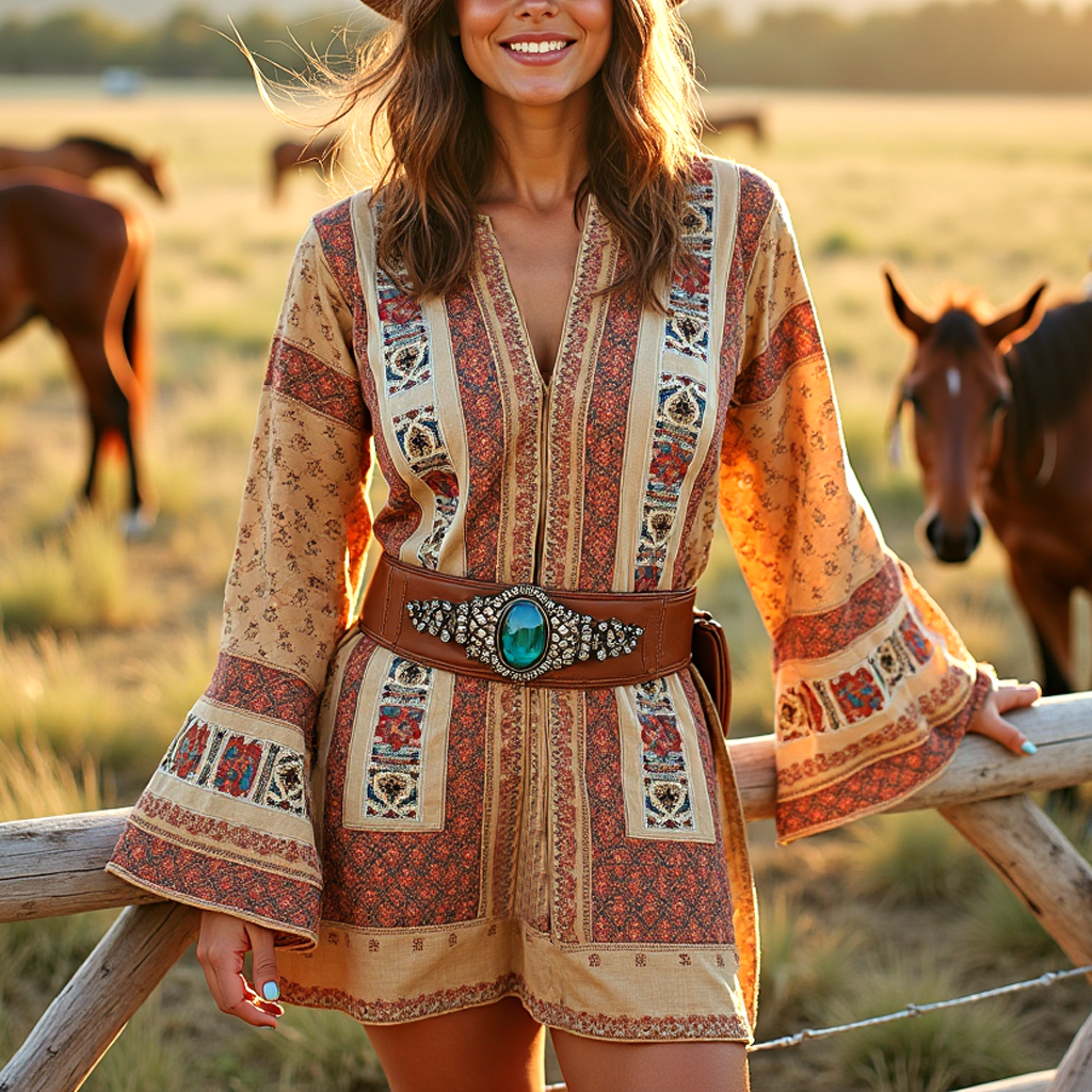 Women's Vintage Western Cowboy Ethnic Print V-Neck Long Sleeve Dress