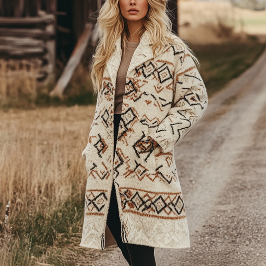 Women's Vintage Western Aztec Print Patterns Cream Color Long Sleeved Woolen Coat Jacket