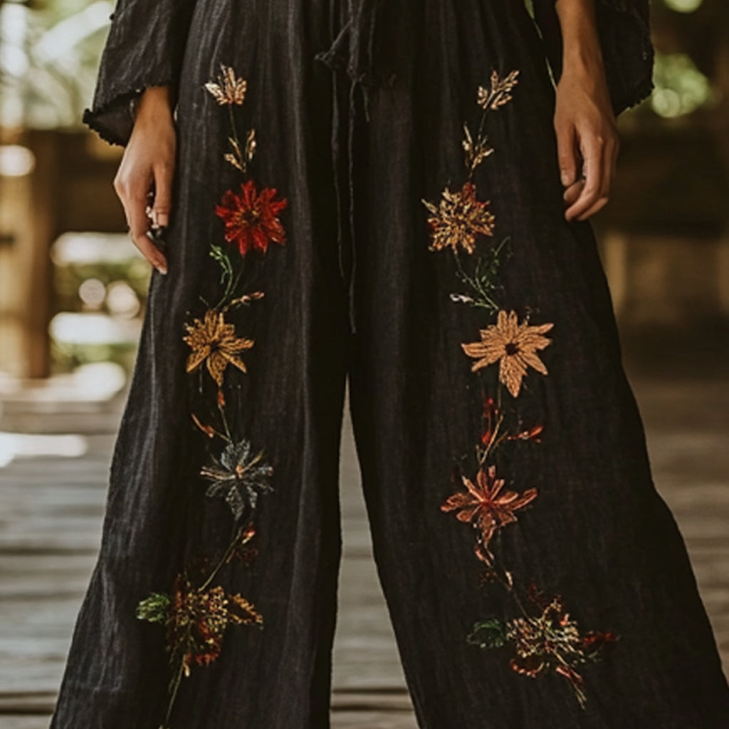 Bohemian Holiday Style Retro Linen Floral Ethnic Totem Print Casual Pants