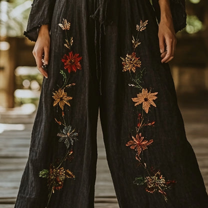 Bohemian Holiday Style Retro Linen Floral Ethnic Totem Print Casual Pants