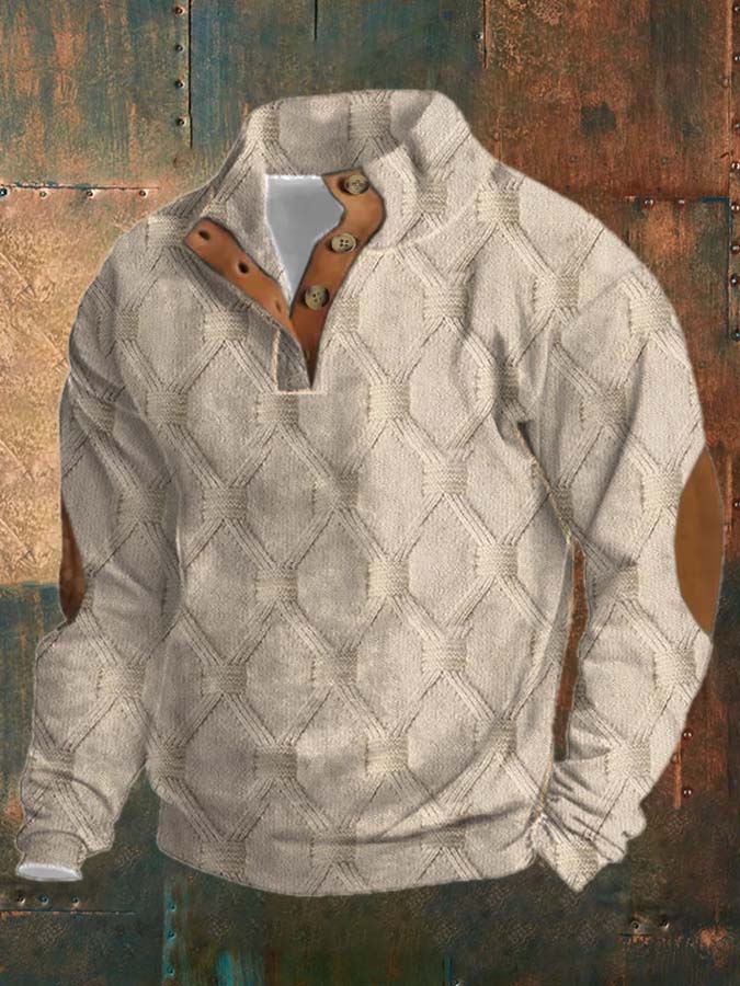 Men's Retro Print Casual Button-Up Sweatshirt