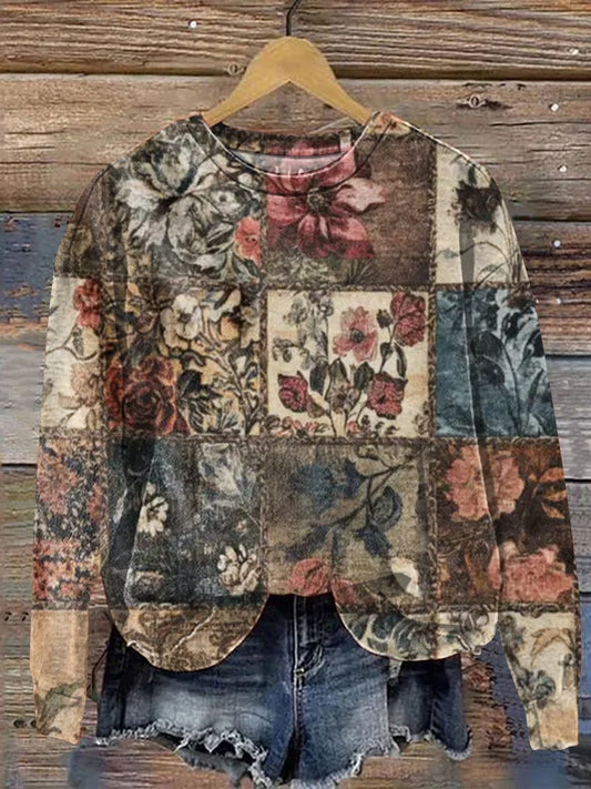 Vintage Lovely Floral Patchwork Art Print Casual Sweatshirt