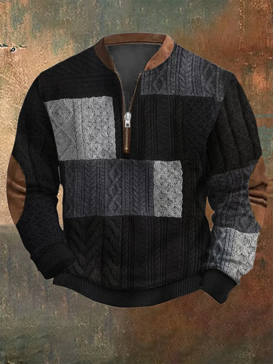 Men's Western Vintage Knitted Patchwork Printed Zip Collar Sweatshirt