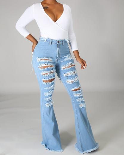 High-Waisted Broken Hole Flared Jeans