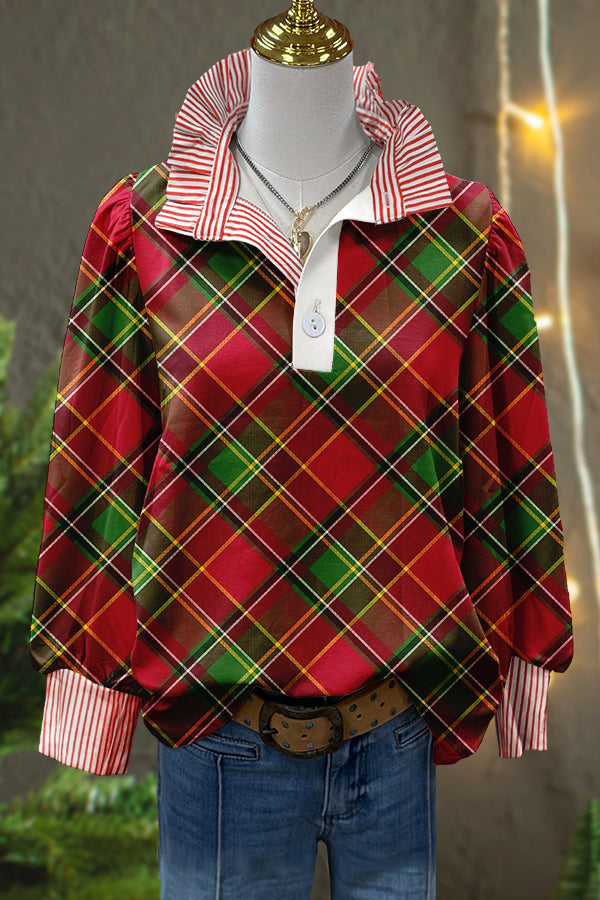 Classic Christmas Plaid Print Stripe Puff Sleeve Blouse