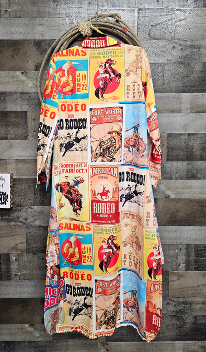 Vintage Rodeo Poster Button-Up Long Sleeve Shirt Duster Dress