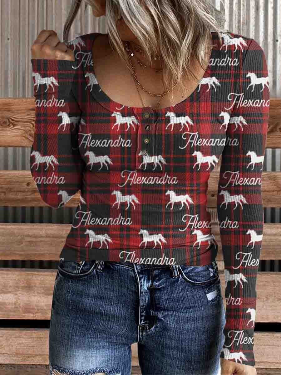 Women's Christmas Plaid and Horse Print Comfortable Cotton Henley Shirt