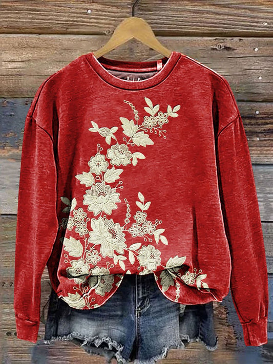 Vintage Floral Art Print Casual Sweatshirt