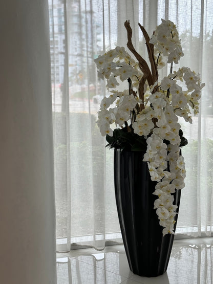 San Jose Planter in Glossy Black  with Cascading White Orchids