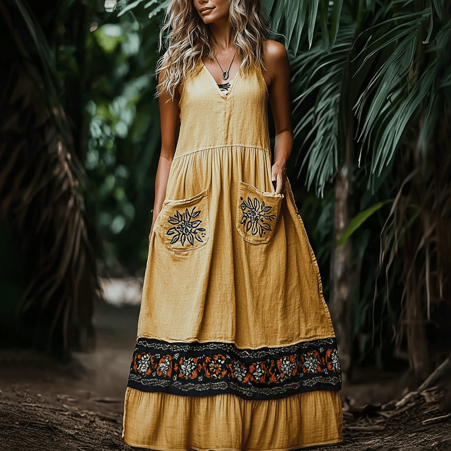 Women's Retro Ethnic Splicing Oversized Linen Maxi Skirt