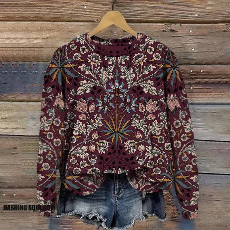 Vintage Ethnic Floral Symmetric Art Print Casual Crewneck Sweatshirt