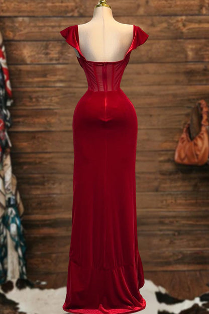 Square Neck Ruffled Velvet Maxi Dress