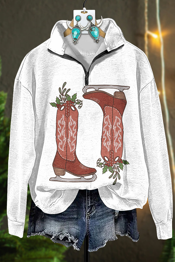 Christmas Skate Boots Printed Zipper Sweatshirt