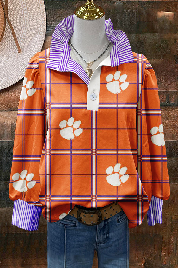 Paw Print Plaid Puff Sleeve Blouse