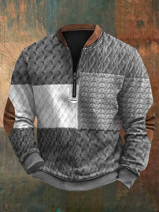 Men's Retro Western Print Zip-Up Sweatshirt