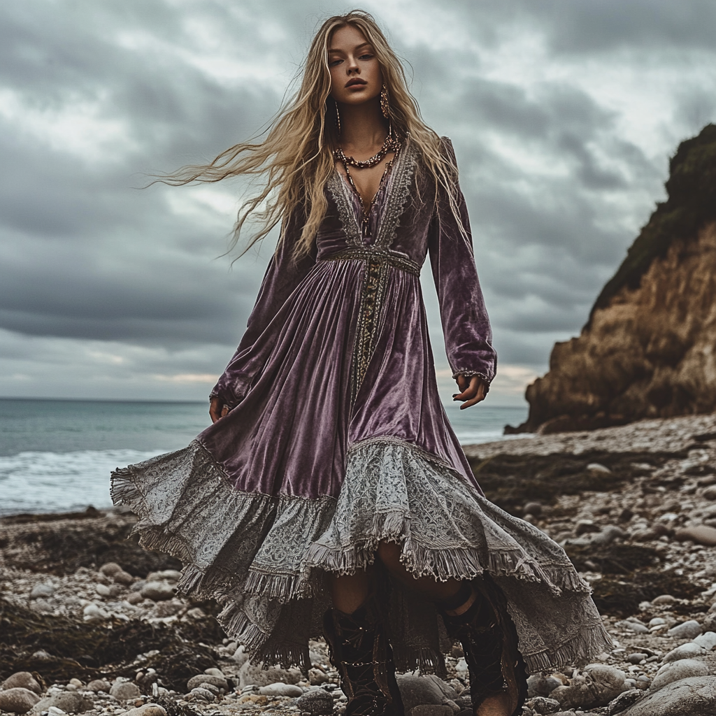 Breezy Bohemian Beach Vacation Autumn And Winter Velvet Ethnic Style Fluttering Dress