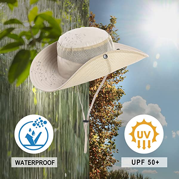 Mens Womens Sun Hat Wide Brim Breathable Mesh UPF 50+ Waterproof Fishing Hat Safari Hat Foldable Boonie Cap A-khaki