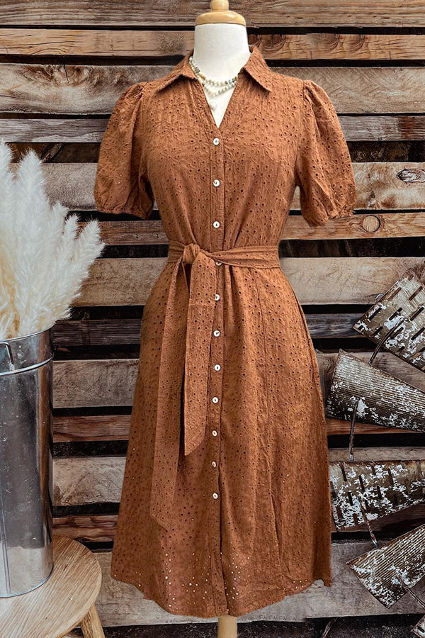 Puff Sleeve Cutout Jacquard Shirt Dress