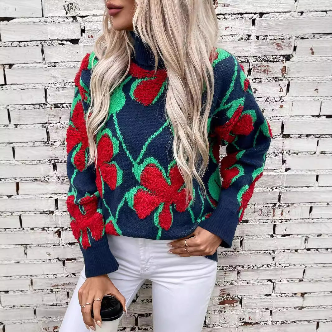 3D Flocked Flower Pattern Sweater For Women Autumn And Winter Lapel Knitted Sweater Top