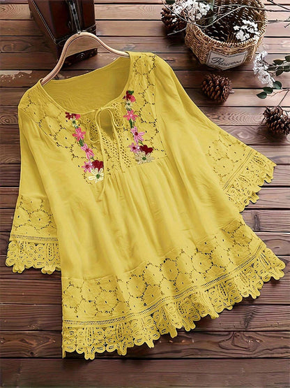 Women's Casual Retro Ethnic Style Embroidered Hollow Cotton Top