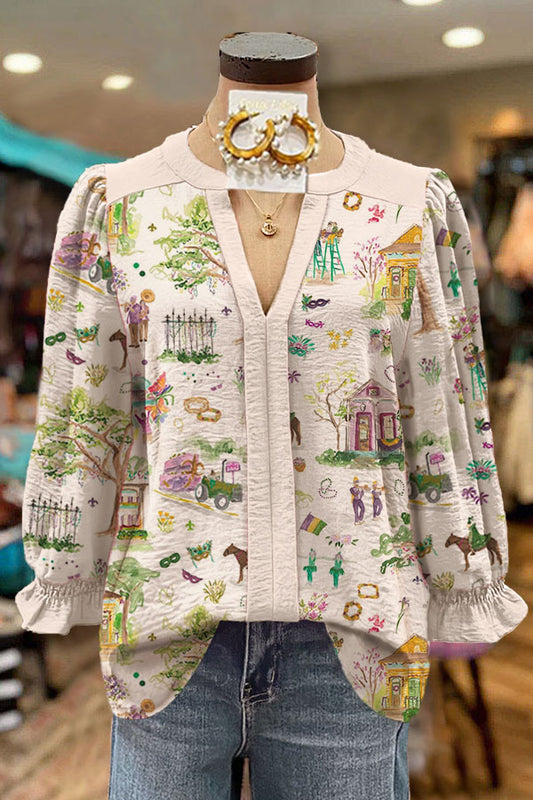 Mardi Gras Print V-neck Pleated Puff Sleeve Blouse