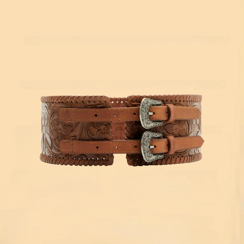 Women's Tooled Floral Double Buckle Wide Waist Belt