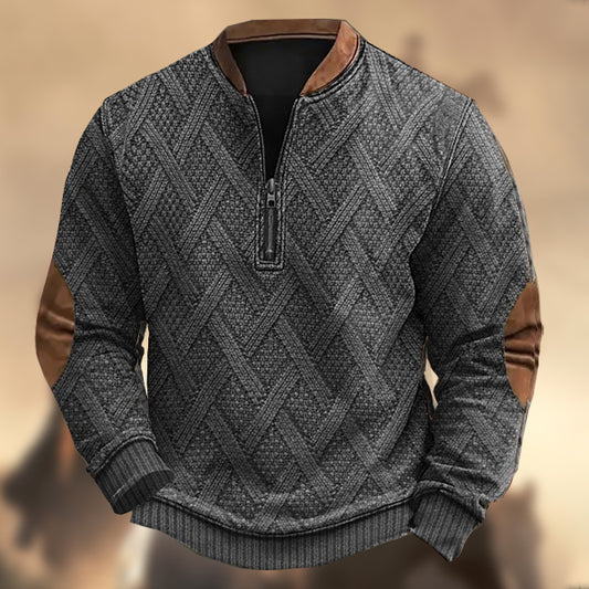 Men's Vintage Western Color Block Knitted Print Zipper Stand Collar Casual Sweatshirt