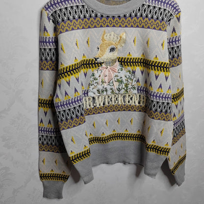 Loose Geometric Deer Bow Knit Sweater Top