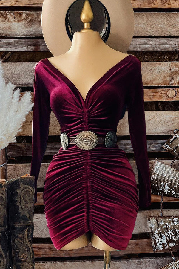 Vintage V-Neck Pleated Velvet Dress