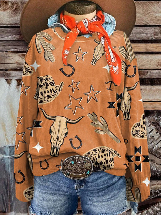 Women's Vintage Orange Bull Head Western Art Print Casual Corduroy Sweatshirt