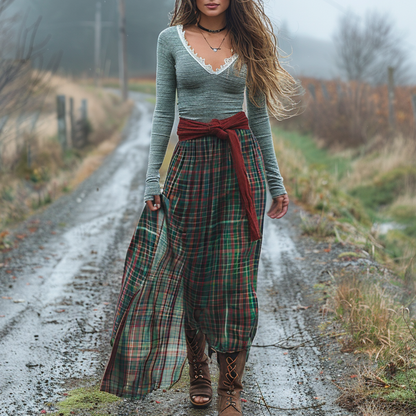 Women's Retro Plaid V-neck Long-sleeved Long Skirt Pastoral Style Dress