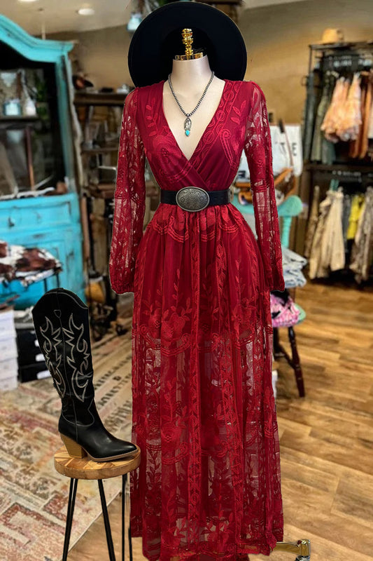 Burgundy Sheer Embroidered Maxi Dress