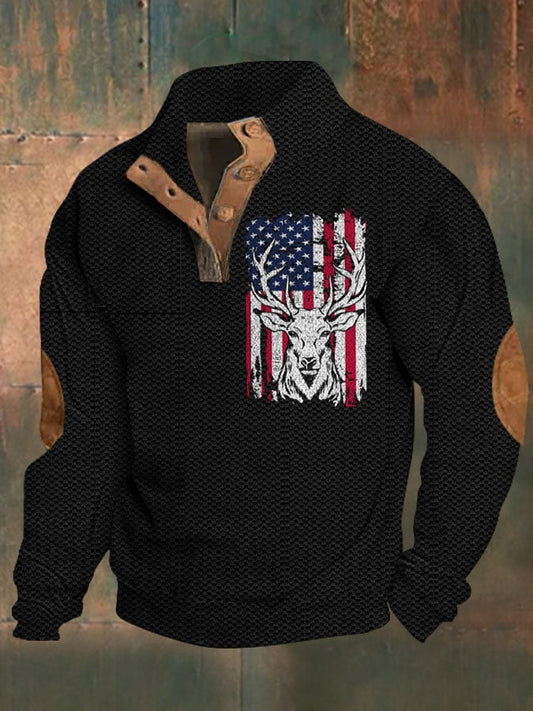 Men's Deer Flag Waffle Stand Collar Button Sweatshirt