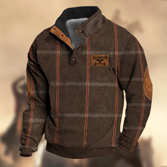 Men's Vintage Country Western Yellowstone Brown Wool Plaid Print Stand Collar Sweatshirt