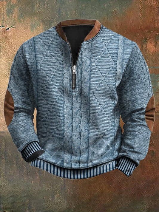 Men's Vintage Knit Print Zip-Up Sweatshirt