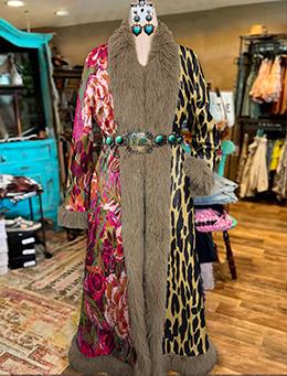 Women's Fashion Wild West Floral Leopard Art Print Fur Patchwork Suede Long Afghan Coat