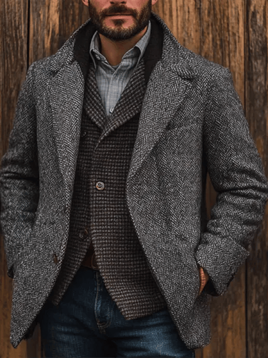 Men's Vintage Outdoor Deep Gray Herringbone Pattern Woolen Suit Jacket