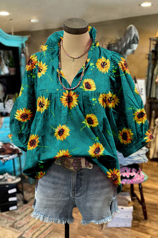 Stylish Sunflower Floral Print Puff Sleeve Blouse